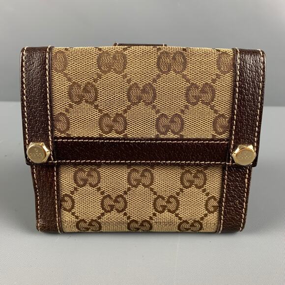 GUCCI Walet Brown Beige Monogram Canvas Leather - Picture 1 of 7